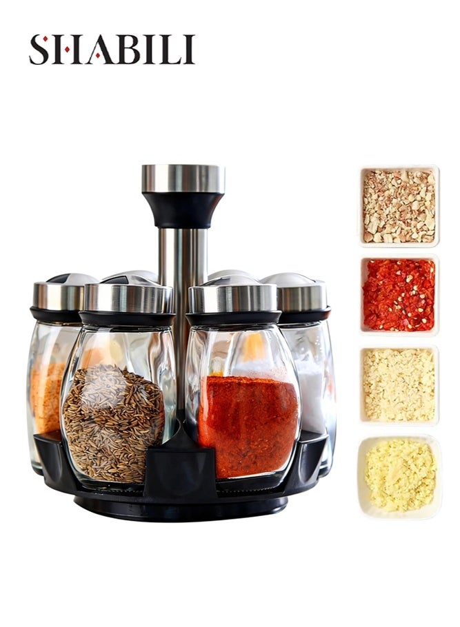 SHABILI Glass and Stainless Steel Spice Organizer Set for Home Use, Rotating Spice Rack and Condiment Set for Cooking, Space Saving Kitchen Spice Racks for Neat Countertop Seasoning Storage (Silver) - Image 1
